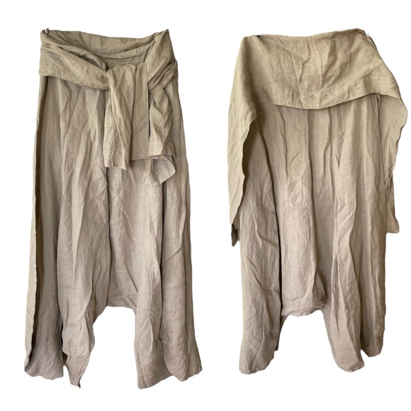 Sarah Pacini Oatmeal Beige Linen Harem Wide Leg Designer Pants with Sash Belt M - Picture 12 of 12